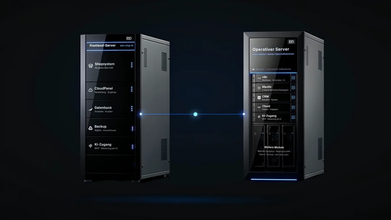 Der Frontend-Server und der Operative Server stehen nebeneinander auf dunklem Grund, verbunden durch eine blaue Leitung