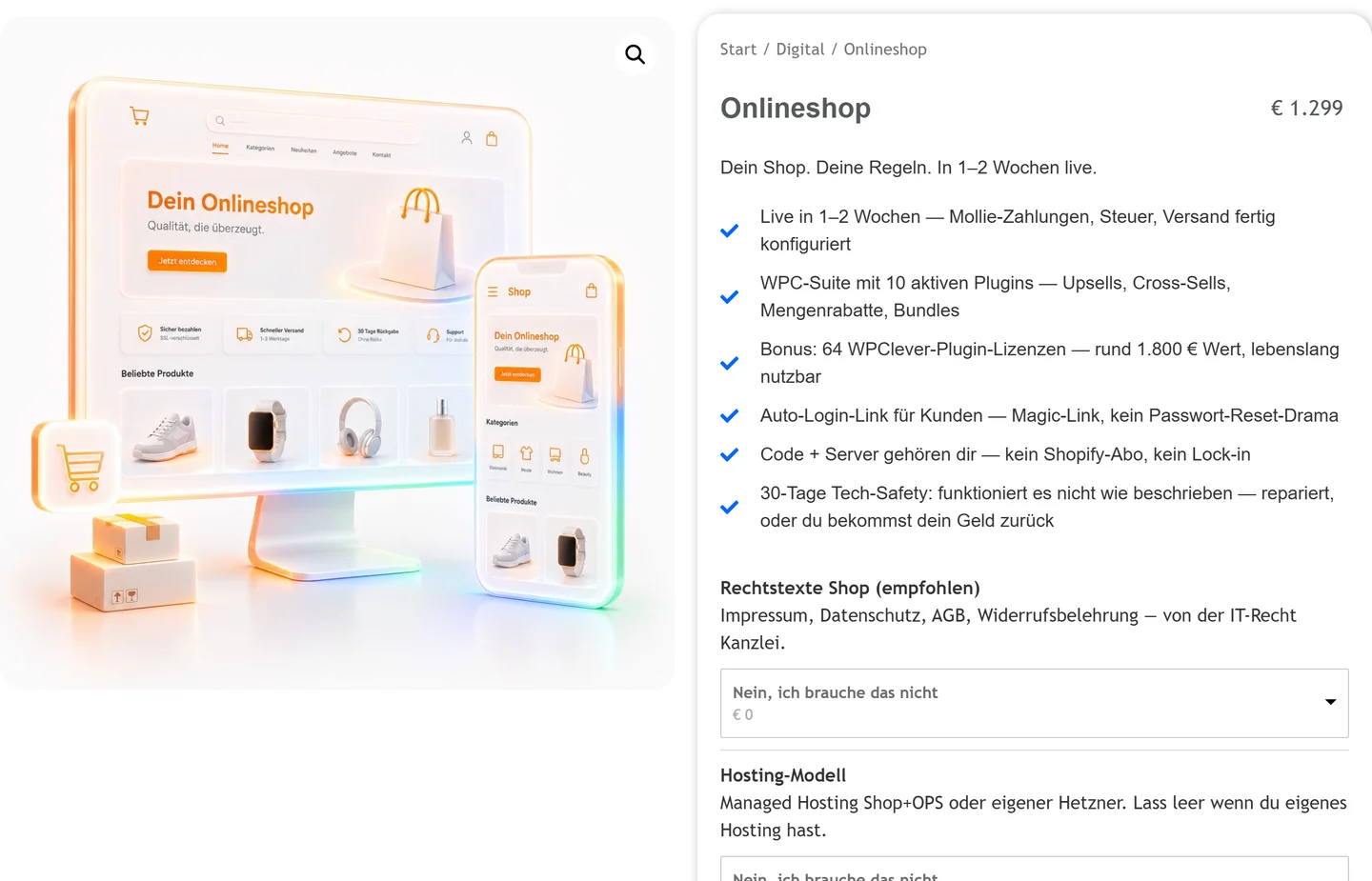 Screenshot der ESD-Produktseite Onlineshop: Produktbild, Preis 1.299 Euro, Leistungsliste und Konfigurator