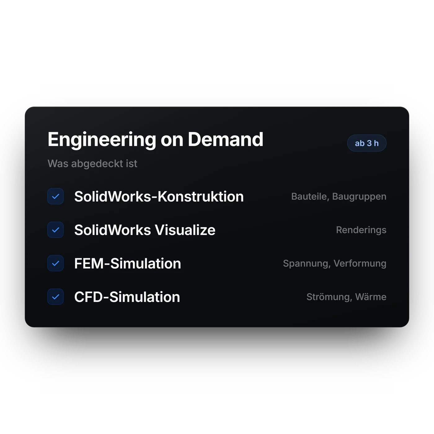 Leistungsübersicht Engineering on Demand: SolidWorks-Konstruktion, Visualize-Renderings, FEM-Simulation, CFD-Simulation — ab 3 Stunden buchbar