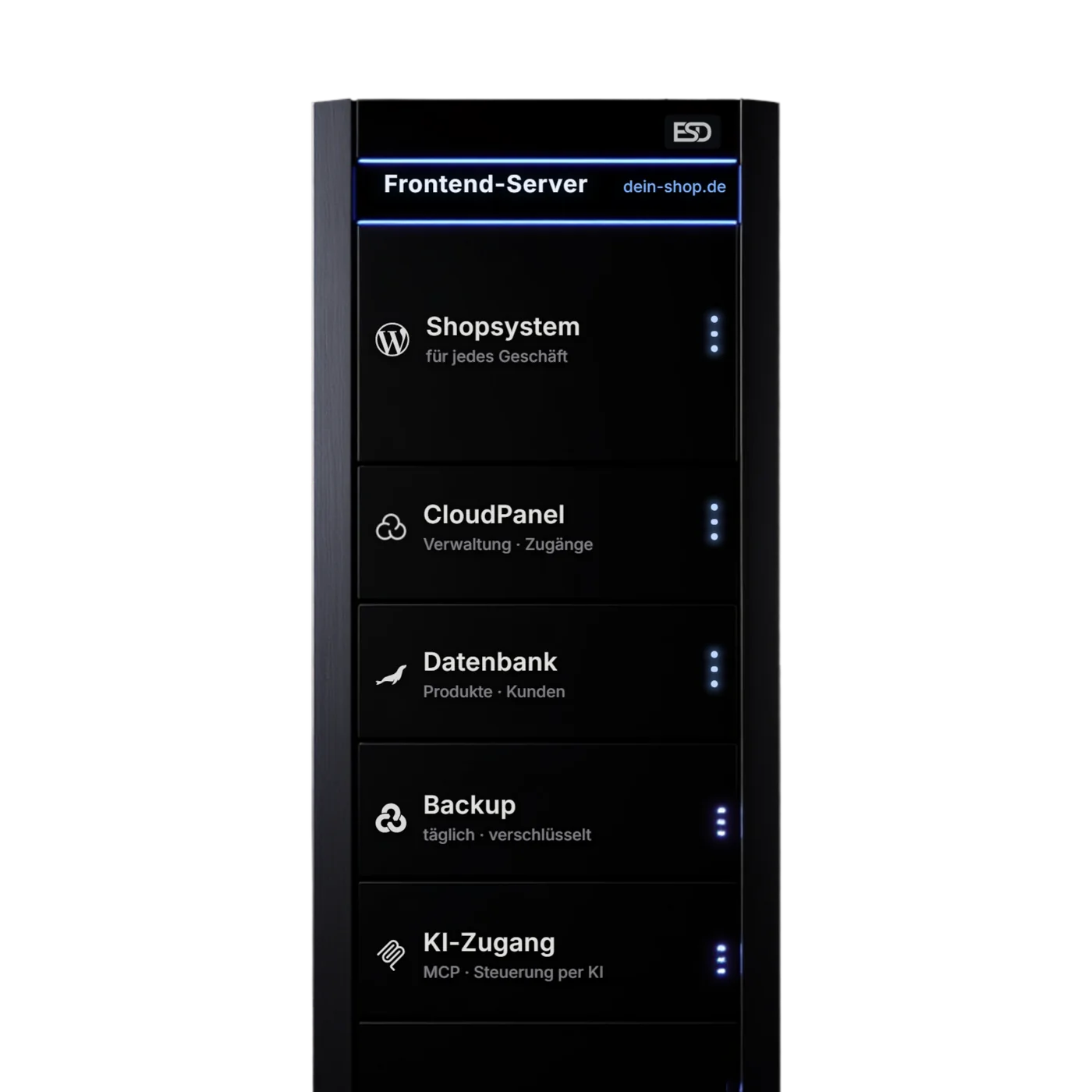Server-Blende in Nahaufnahme: Shopsystem, CloudPanel, Datenbank für Produkte und Kunden, tägliches Backup und KI-Zugang