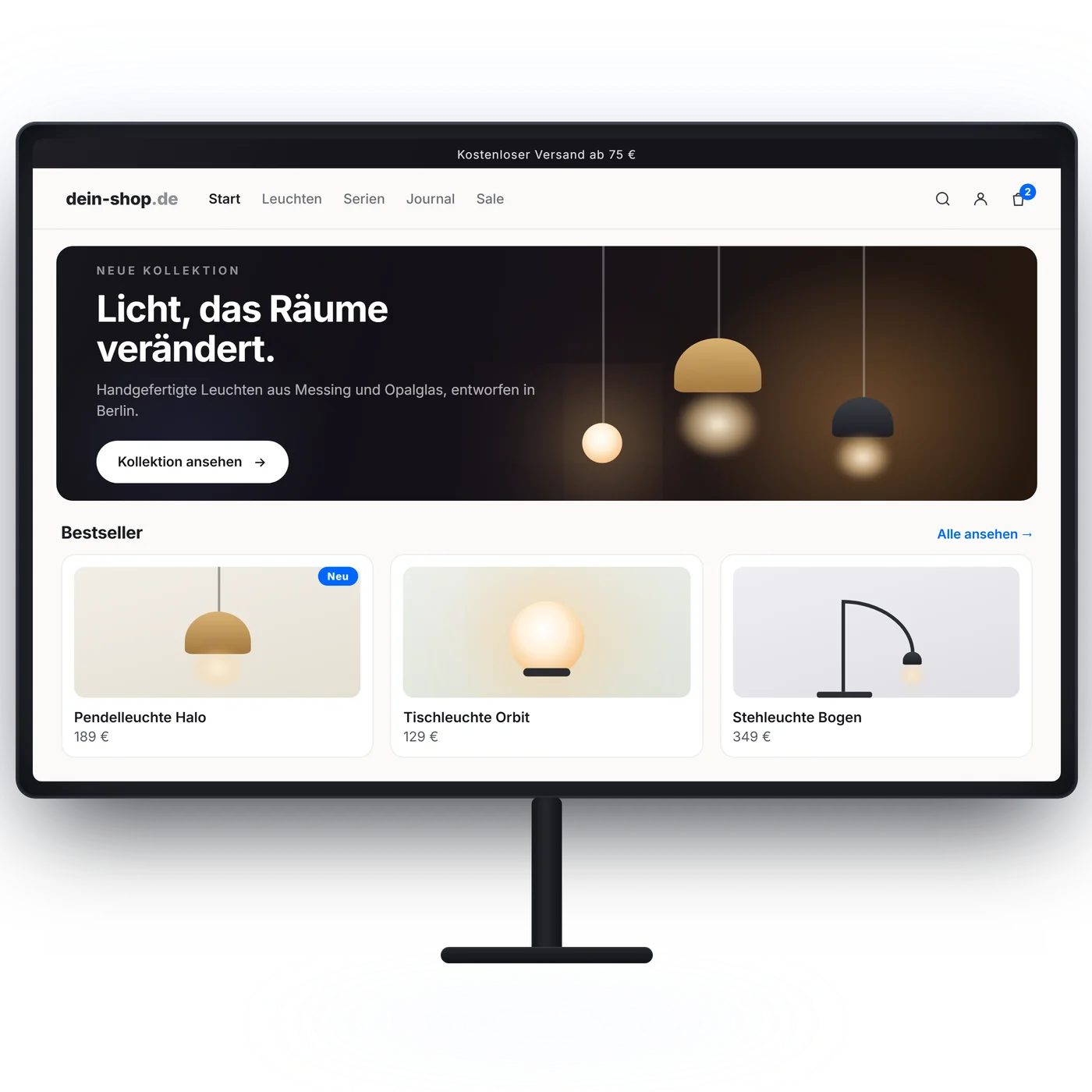 Monitor mit der fertigen Shop-Startseite: Navigation, Warenkorb, Hero-Bereich und Bestseller-Produkte mit Preisen