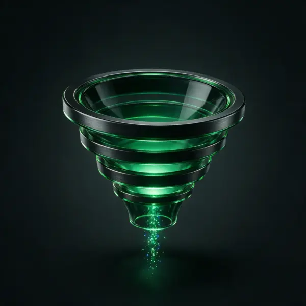 Trichter aus Glasringen, aus dem grüne Lichtpunkte nach unten rieseln - Symbolbild für die Kundenkartei
