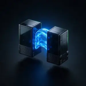 Produktbild des Infrastruktur-Pakets: zwei Server-Gehaeuse, zwischen denen ein blauer Lichtstrom fliesst