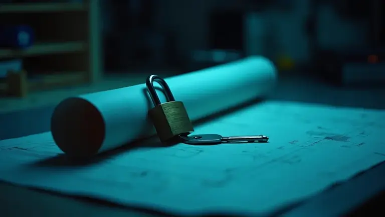 Symbolbild: ein offenes Vorhaengeschloss und ein Schluessel liegen auf einer zusammengerollten Bauzeichnung - Sinnbild fuer Zugaenge und Eigentum statt Agentur-Abhaengigkeit