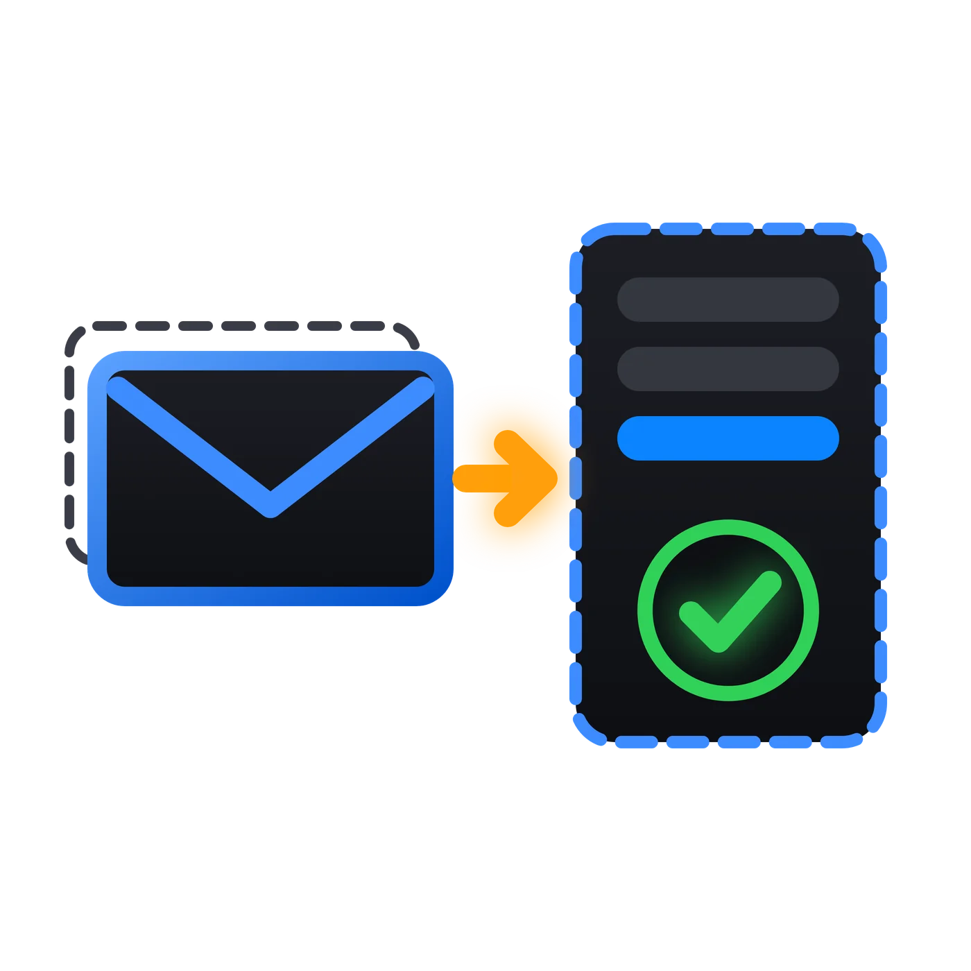 Symbol: Ein Mail-Umschlag, dessen Kopie in ein gestricheltes Testfeld mit grünem Haken wandert